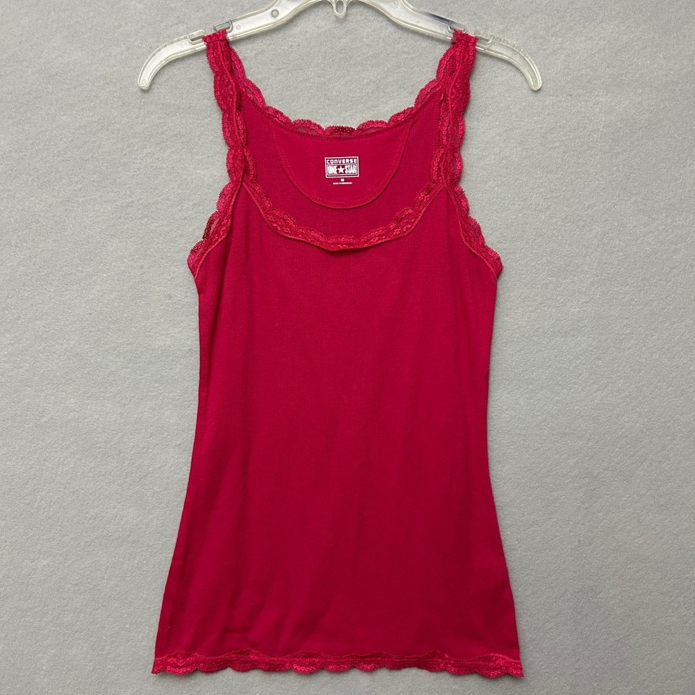Converse Women M Tank Top Pink One Star Rib Knit Lace Trim Y2K Preppy Stretch